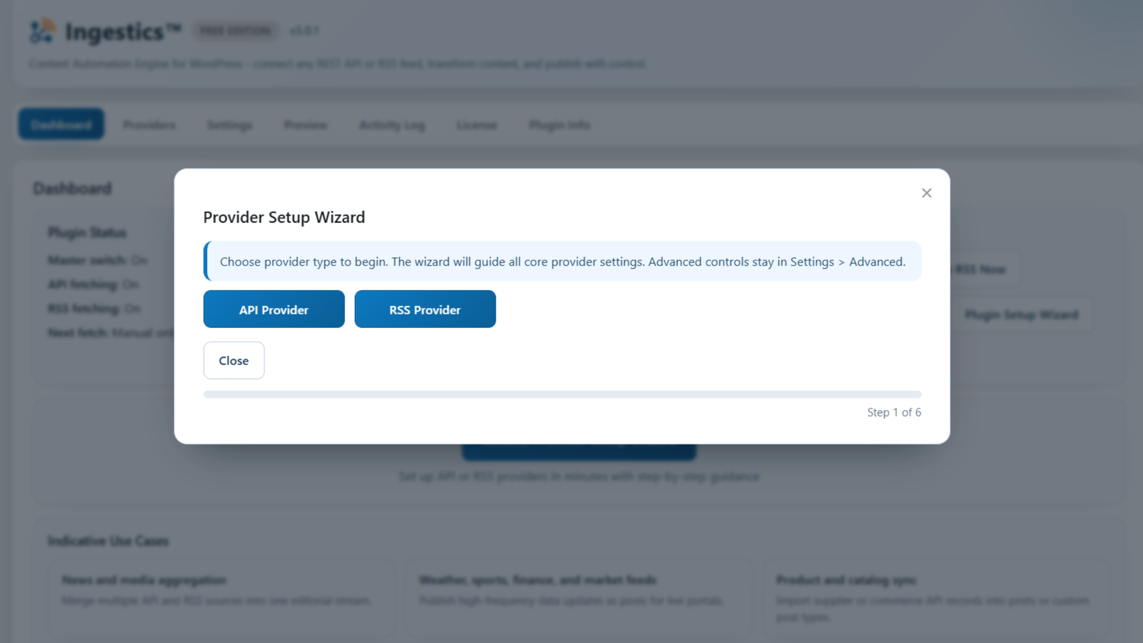 Ingestics provider setup wizard with API Provider and RSS Provider choices.